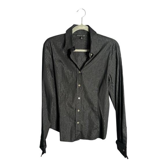 Lafayette 148 Black Long Sleeve Button Down Shirt w Silver Metallic Stripes Sz 8 - Picture 1 of 6